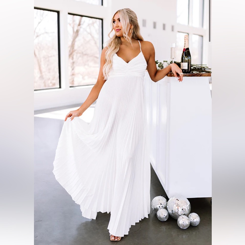 White/Ivory Satin Pleated Maxi Dress